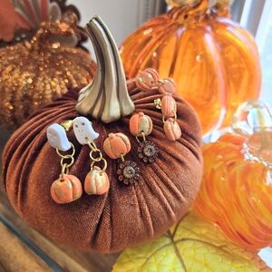 Set of 3 orange pumpkin ghost Swarovski crystal flower polymer clay earrings